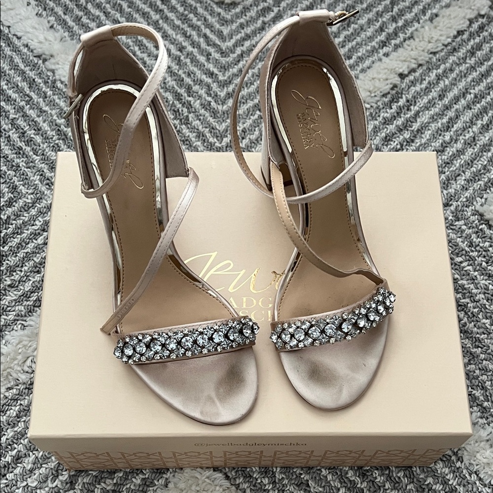 Jewel Badgley Mischka Satin Heels with Crystal Embellishments - Cream